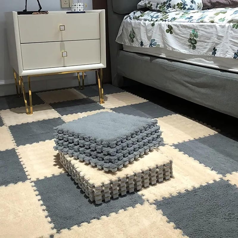 Typutomi 10pcs Plush Puzzle Foam Floor Mat, Soft Fluffy Interlocking Square Foam Tiles Area Rugs Carpet for Parlor Bedroom Decoration(11.8x11.8in, Grey & Light Brown) - Image 5